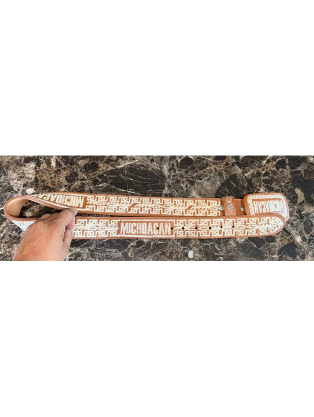 Michoacan Piteado Western Belt Size 38 Tan Cream Embroidery Charro Cinto